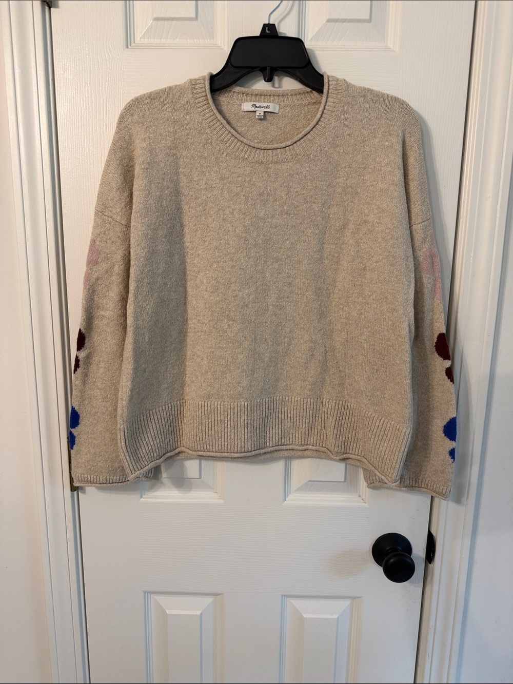 Madewell Beige Crewneck Sweater with colorful flowers on Sleeves